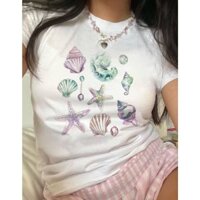 Áo Baby Tee In Hình Vỏ Sò Ngọc Trai Sao Biển Vỏ Ốc Phong Cách Coquette Retro Vintage Mùa Hè Summer Vibes