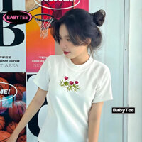 Áo Baby Tee THÊU HOA Dáng Dài Chất Thun Borip Kiểu Basic DD39, Áo Thun Tay Ngắn Cổ Tròn Ôm Body Nữ Tôn Dáng BABYTEE