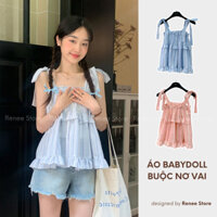 Áo babydoll 2 dây kẻ sọc buộc nơ vai, áo kiểu nữ phong cách Hàn Quốc Renee Store - A1066