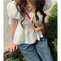 Áo Babydoll Chất Thô Ren Thêu Hoa Dáng Ngắn Viền Cổ Thắt Nơ - Mặc Được 2 Kiểu