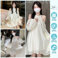 Áo babydoll chất tơ óng mềm mịn khoét vai dài tay, áo 2 lớp tiểu thư dễ thương