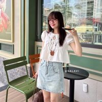 Áo babydoll cổ sen buộc nơ phối ren hoa, áo kiểu nữ trơn form xoè Salavi N2 013