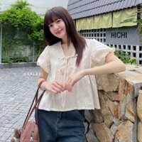 Áo babydoll cổ V linen phối dây buộc nơ, áo kiểu hoạ tiết hoa nhiều màu Salavi N2 017