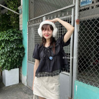 Áo babydoll croprop phối ren bản to, áo kiểu tay bồng buộc nơ cổ ren Salavi N2 016