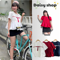 Áo babydoll đính nơ dáng ngắn, áo nữ kiểu bánh bèo siêu xinh, chơi phố
