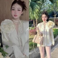 Áo babydoll form rộng dài tay kèm nơ hoa to