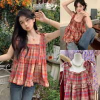 Áo babydoll hai dây kẻ caro đỏ, áo 2 dây chun ngực thắt nơ vai viền bèo tầng tiểu thư