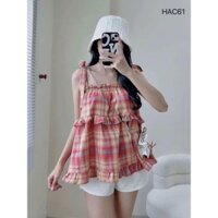 Áo babydoll hai dây kẻ caro đỏ, áo 2 dây chun ngực thắt nơ vai viền bèo tầng tiểu thư