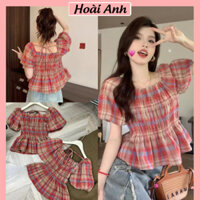 Áo Babydoll Kẻ Đỏ Cổ Vuông Tay Phồng Áo Kẻ Đũi Dáng Ngắn Dây Lưng Freesize