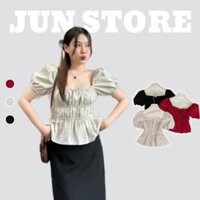 Áo babydoll linen kiểu xinh tay phồng tiểu thư bo thân nơ kiểu coquette Jun