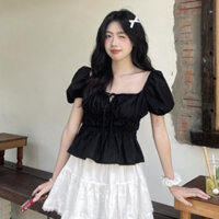 Áo babydoll linen kiểu xinh tay phồng tiểu thư công chúa bo thân nơ coquette ngực xinh xắn MA287 Kimee House