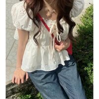 Áo babydoll nữ chất thô ren thêu hoa dáng ngắn Maian áo cổ phối viền thắt nơ xinh mặc được kiểu trễ vai tiểu thư A5477