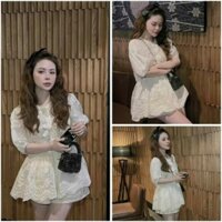 Áo babydoll ren mềm hoa thêu nổi sang chảnh đính nơ xinh, áo kiểu nữ Hàn Quốc