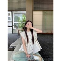 Áo babydoll tay cánh tiên phối họa tiết tim đen phong cách Hàn Quốc nhẹ nhàng