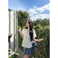 Áo babydoll tay phồng cột nơ thêu , phối chun bo eo
