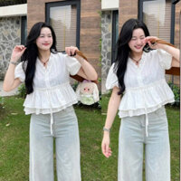 Áo babydoll tay phồng layer bèo dáng rộng cổ v dây rút 2 tầng tiểu thư, áo kiểu nữ Hàn Quốc