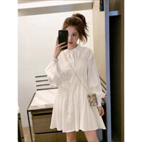 Áo babydoll tay phồng màu trắng, Áo sơ mi form rộng cổ trụ dáng dài phong cách Hàn