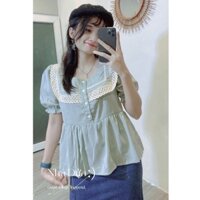Áo babydoll tay phồng nữ cổ vuông tiểu thư xinh xắn bánh bèo màu xanh nude đen hồng Nhà Dứa - hình tự chụp