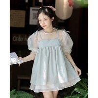 Áo babydoll tay phồng phối ren lưới caro nhí xanh bơ x váy quần xoè V - Tiny Babydoll - CARROTFARM