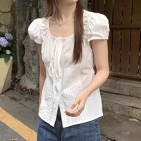 Áo babydoll tay phồng RENSI sơ mi kiểu nữ tay ngắn xếp ly sọc màu trắng đi học A09