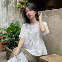 Áo Babydoll Thêu Hoa Viền Ren Phối Nơ Tay Phồng XUNA