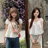 Áo babydoll thô boil buộc nơ phối viền ren, áo kiểu nữ tay bo chun Salavi N2 028