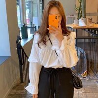 Áo babydoll tiểu thư ulzzang - Áo sơ mi kiểu bèo vai cánh tiên tay phối bèo xinh xắn - Be