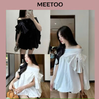 Áo babydoll trễ vai đính nơ xoè bí bồng chất thô mềm tay lửng, Áo nữ kiểu hở vai trắng đen hàn quốc ulzzang, MEETOO