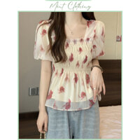 Áo babydoll vải voan dáng bèo, áo sơ mi croptop tay bồng kiểu bo chun ngực vải voan 2 lớp MN006