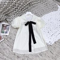 Áo babydoll voan cổ bèo viền ren thắt nơ dáng xòe - Áo váy babydoll voan giấu quần tay bồng cực xinh