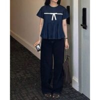 Áo babydoll xếp ly phối nơ, áo kiểu nữ kate thô nhiều màu Salavi N3 007