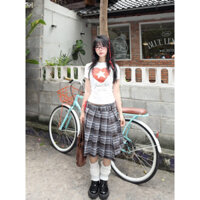 Áo Babytee hình trái tim ngôi sao và chân váy Cazy caro dài