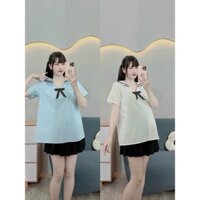 áo bầu A123 cổ thuỷ thủ Set bộ bầu cổ V đính nơ cực xinh mix chân váy cực trend
