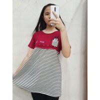 Áo bầu thun chất cotton trơn phối sọc in hình đầu mèo
