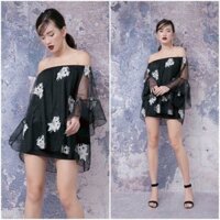 Áo bệch vai voan lưới thêu hoa (Đen)