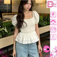 Áo bèo nữ ngắn tay cổ vuông, Áo kiểu nữ nhún eo xoè tà chất Linen phong cách tiểu thư Điệu Fashion - A114