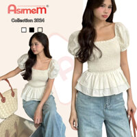 Áo bèo nữ tay phồng cổ vuông xoè tà AsimeM, Áo kiểu nữ nhún thân ôm body phong cách tiểu thư siêu tôn dáng - A114
