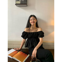 Áo blouse babydoll tay phồng không vai cho phụ nữ mùa hè, áo ngắn tay xếp nếp cổ xương đòn