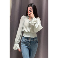 Áo blouse bo gấu màu xanh mint