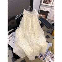 Áo blouse chiffon buộc dây mới thời trang cho phụ nữ, áo mùa hè dáng rộng che bụng, áo không tay siêu cổ tích