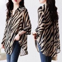 Áo blouse chiffon chống nắng tay ba phần tư cho phụ nữ, họa tiết ngựa vằn, áo rộng rãi, che bụng kích thước lớn, giảm cân