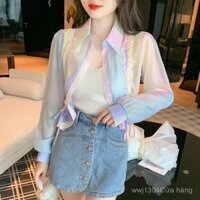 Áo blouse chiffon gradient tie-dye cho phụ nữ, mùa hè mỏng thoáng khí, chống nắng, chống UV, áo khoác ngắn có dây rút