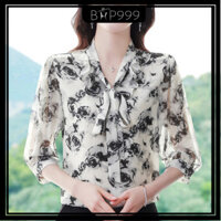 Áo blouse chiffon hoa tay ba phần tư cho phụ nữ, thời trang mới mùa hè 2024, giảm tuổi tác, dáng rộng, đa năng