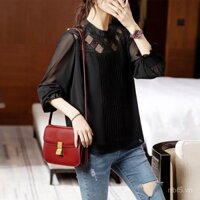 Áo blouse chiffon thời trang nữ 2023 đầu xuân mới kích thước lớn phong cách đen dài tay thanh lịch áo ren