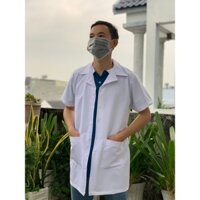 Áo Blouse NAM Trắng Tay Ngắn Thân Ngắn Vải Cotton, Nhà Thuốc, Bác Sĩ, Điều Dưỡng, Y Tá, Sinh Viên Khoa Y