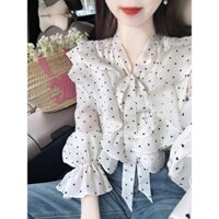 Áo blouse nữ cao cấp phong cách Pháp mới cho mùa thu, áo dài tay màu mơ, họa tiết chấm bi, áo khoác nhung lưới I Needle Joy Z1I6