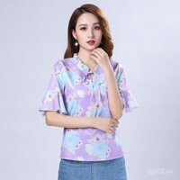 Áo blouse phong cách Hàn Quốc mới mùa hè 2025 với tay áo xòe, áo chiffon hoa cho phụ nữ, tay áo ba phần tư, áo dáng rộng thanh lịch