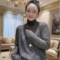 Áo blouse ren cổ đứng cho phụ nữ, áo sơ mi dài tay thêu lưới mùa thu đông, áo ren nữ dáng ôm