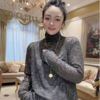 Áo blouse ren cổ đứng cho phụ nữ, áo sơ mi dài tay thêu lưới mùa thu đông, áo ren nữ dáng ôm