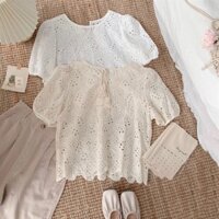 Áo blouse thêu ren lỗ đục cổ tròn buộc dây chuông, gấu thêu lượn 960 (2m)